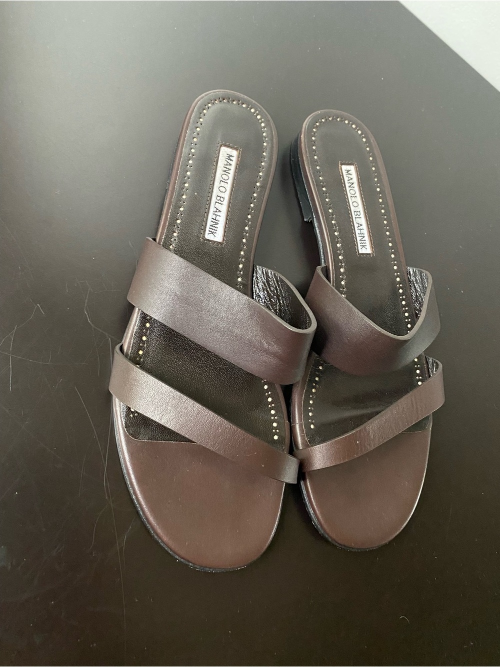 Manolo Blahnik Dark Brown Leather Double-Strap Slide Sandals - Serrato